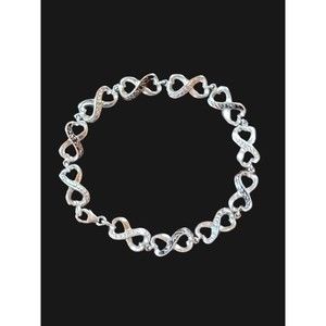 Sterling Silver White & Black Diamond Infinity Heart Bracelet Size 7 1/4 in